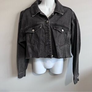 PacSun XS/S Black Denim Cropped Jean Jacket Button Front Raw Hem